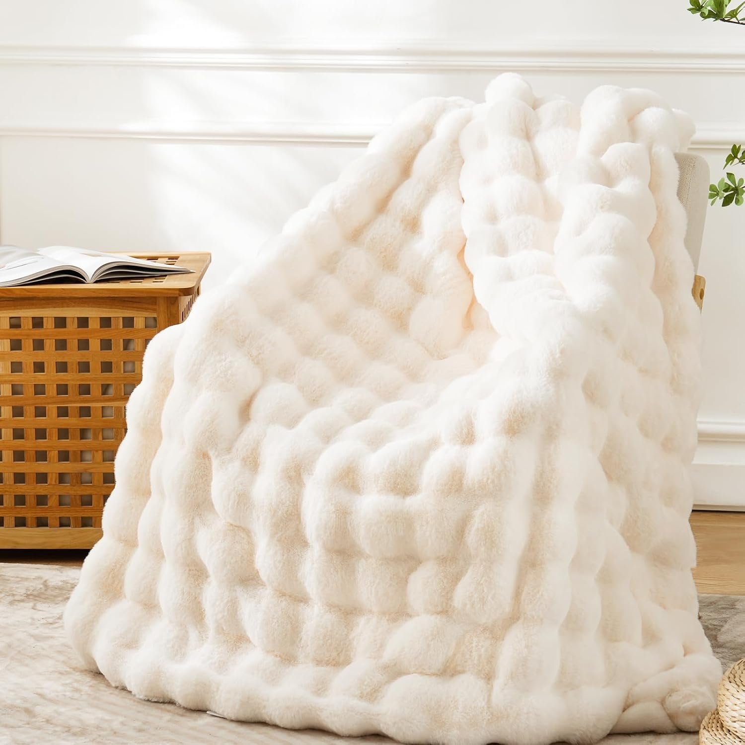 Cream Faux Fur Throw Blanket for Couch